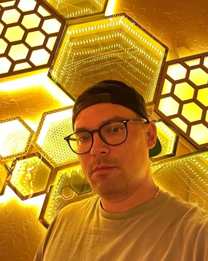 James and the Cat — hexagonal mirrors portrait